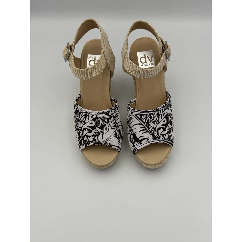 DV Dolce Vita Black White Tropical Espadrille Wedge Sandals Ankle Strap Sz 6